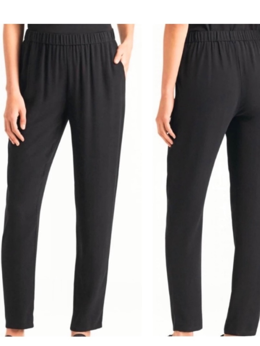 Eileen Fisher womens Black 100% Silk Elastic Waist Tapered Ankle Pants Size M
